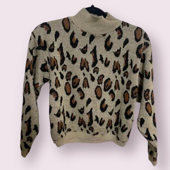 ⭐️ Leopard Shimmer Glitter Boho Mock Neck Hipster Hippie Art Chic Glam Sweater - Picture 1 of 5